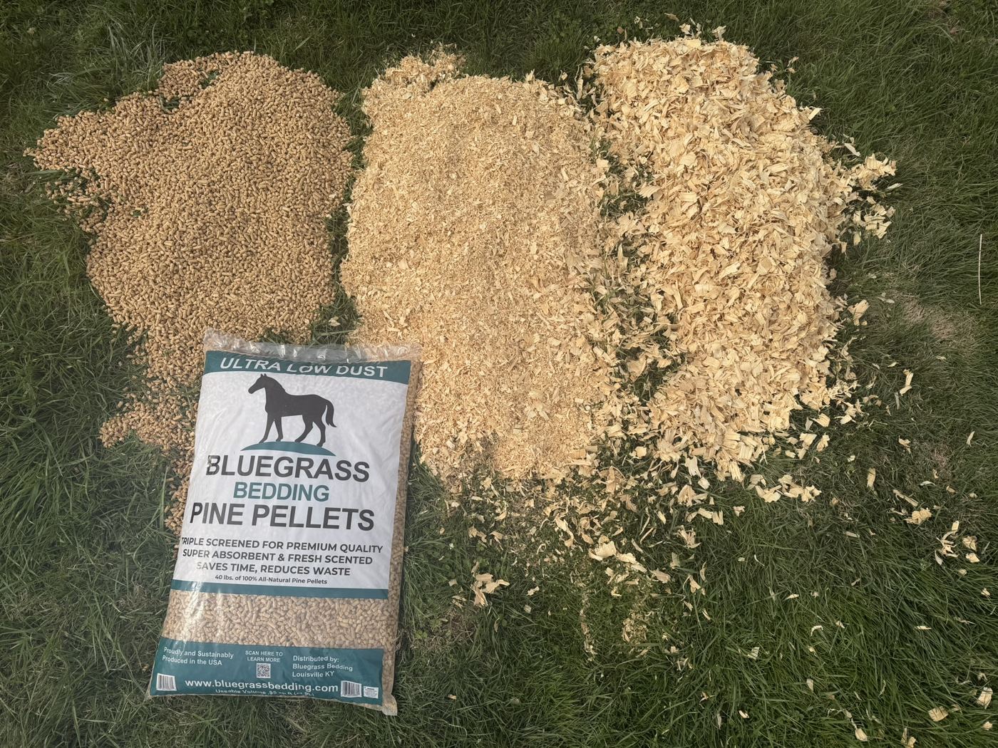 Bluegrass Bedding pine pellets, micro flake shavings, and macro flake shavings