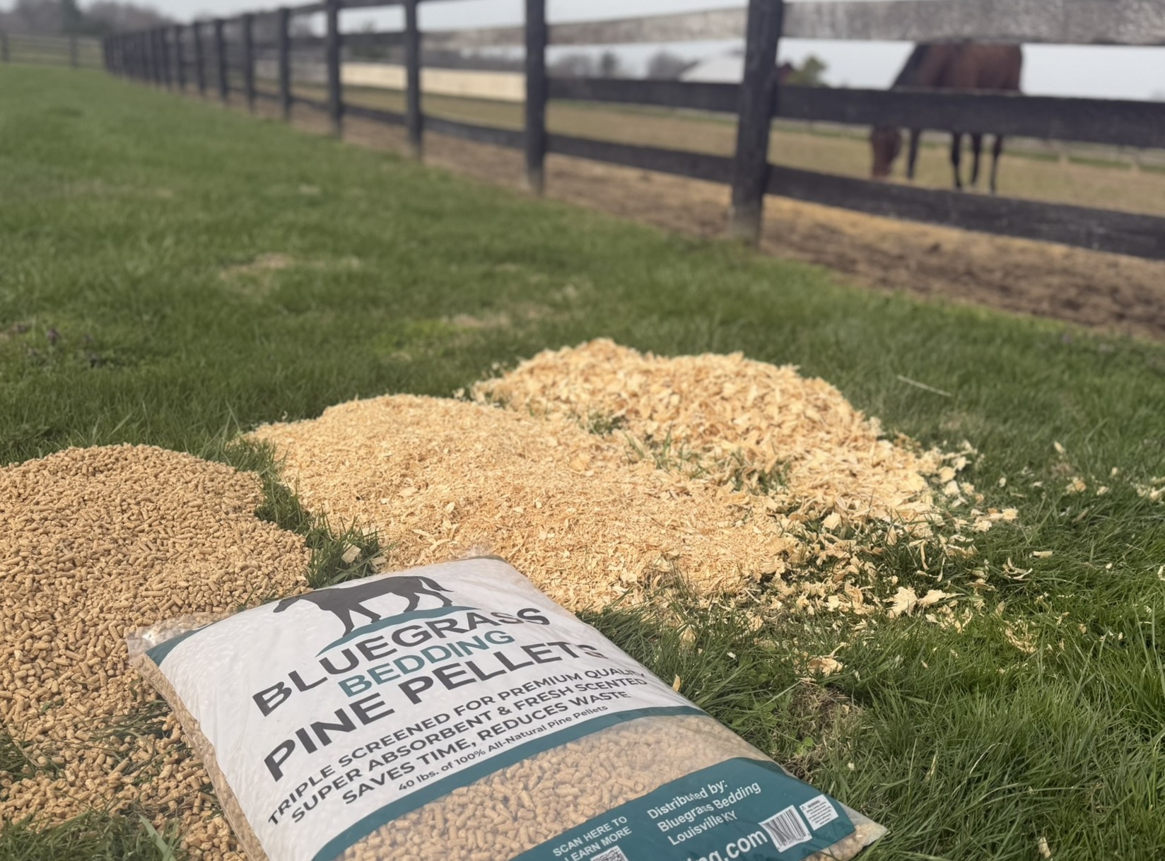 Bluegrass Bedding — pine pellets, micro flake, and macro flake shavings at a Kentucky horse farm